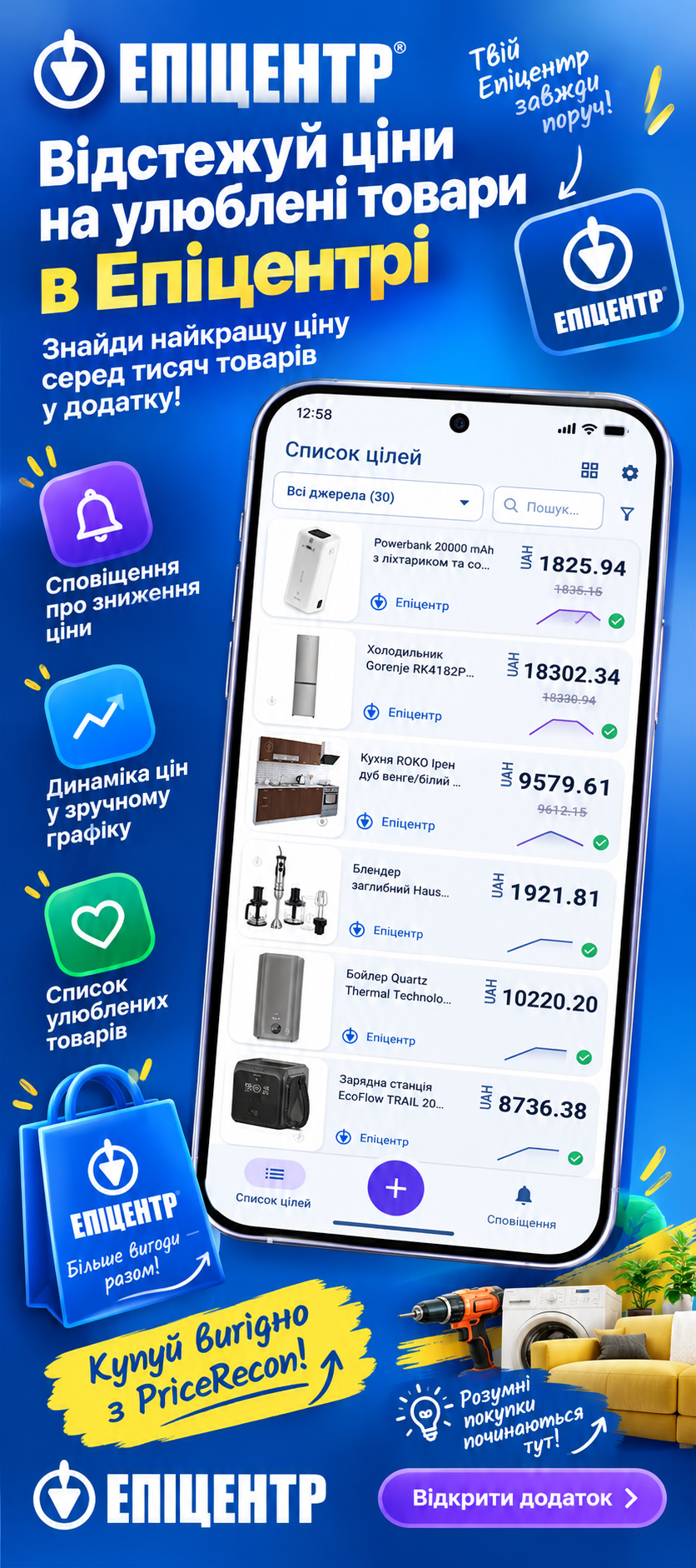 Epicentr price tracker app showing price history and tracking alerts