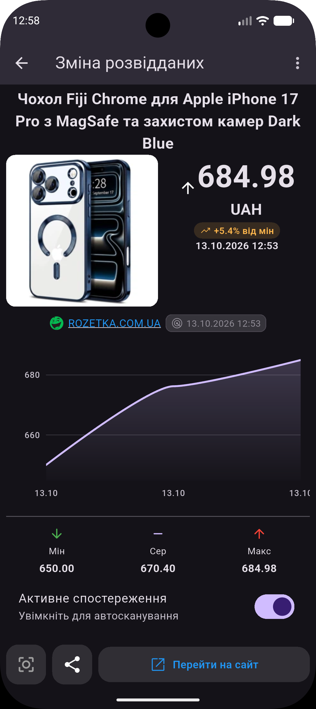 Rozetka price drop alert and product monitoring screen
